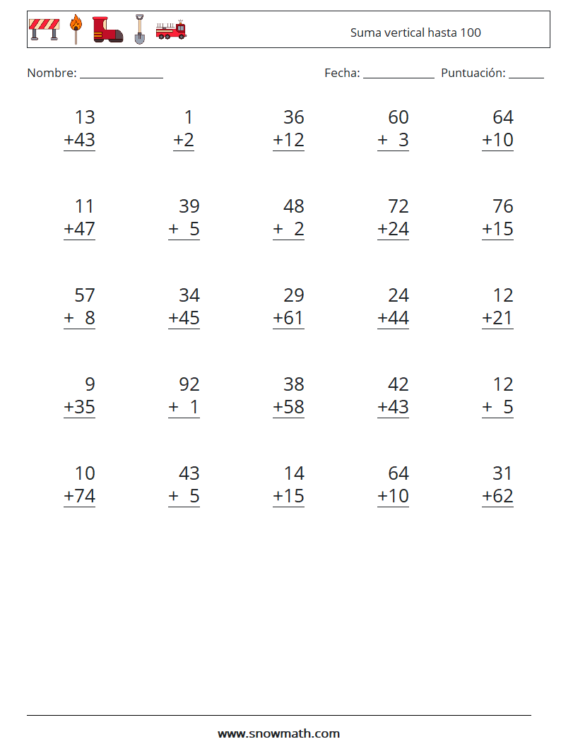 (25) Suma vertical hasta 100 Hojas de trabajo de matemáticas 9