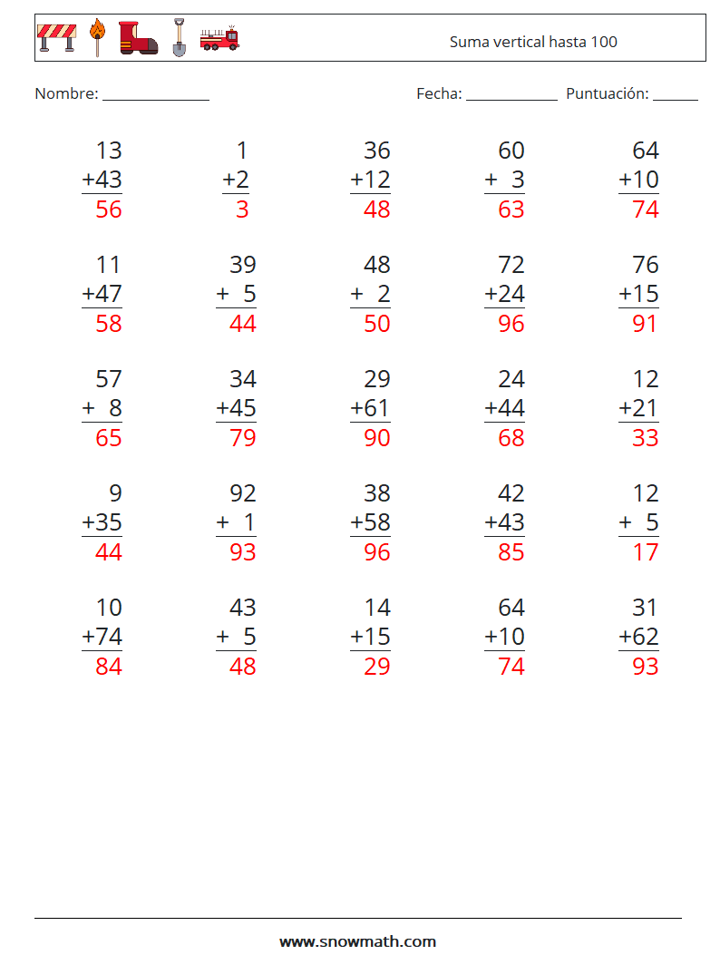 (25) Suma vertical hasta 100 Hojas de trabajo de matemáticas 9 Pregunta, respuesta