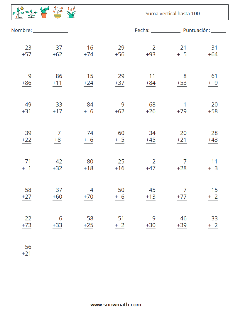 (50) Suma vertical hasta 100 Hojas de trabajo de matemáticas 10