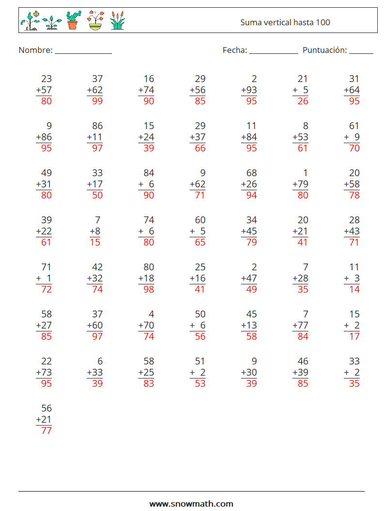 (50) Suma vertical hasta 100 Hojas de trabajo de matemáticas 10 Pregunta, respuesta