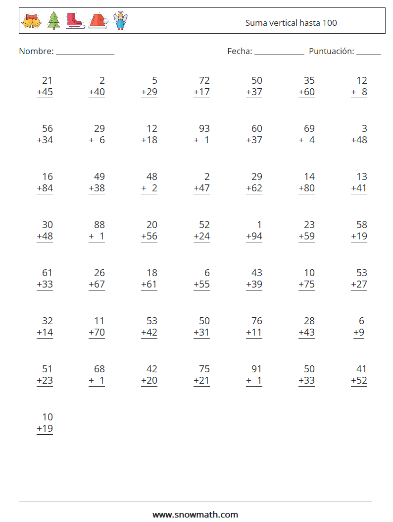 (50) Suma vertical hasta 100 Hojas de trabajo de matemáticas 11