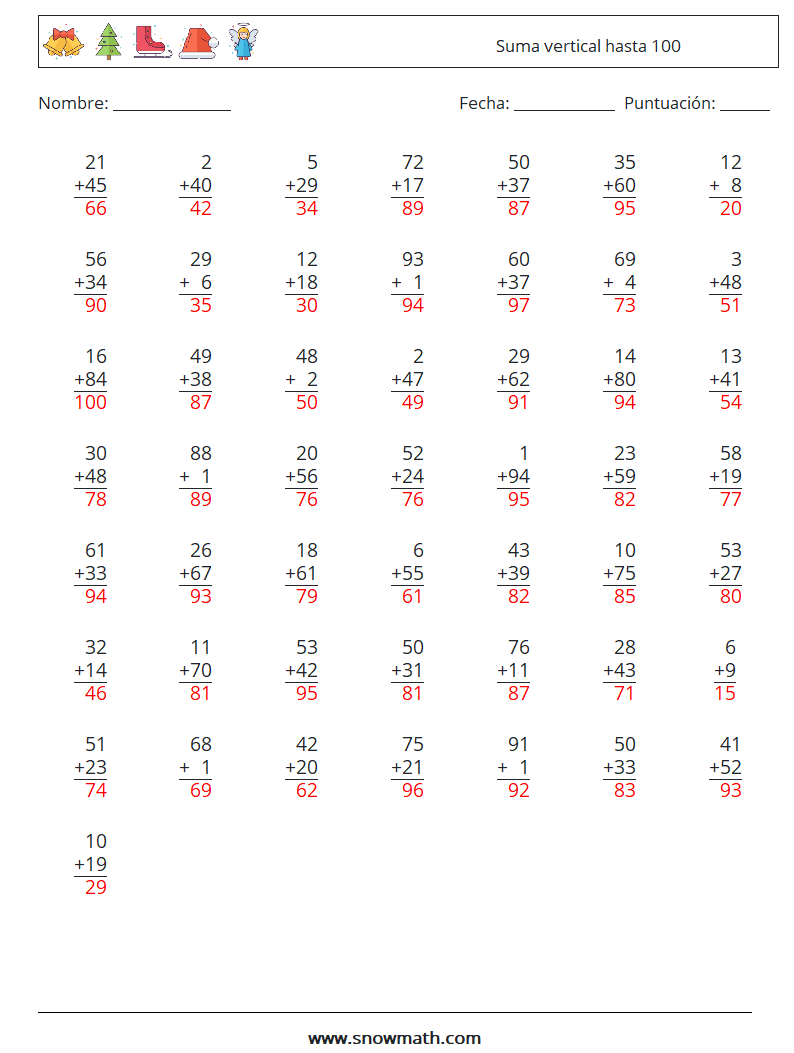 (50) Suma vertical hasta 100 Hojas de trabajo de matemáticas 11 Pregunta, respuesta