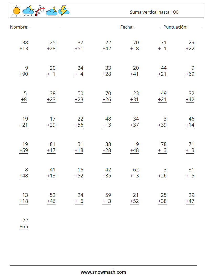 (50) Suma vertical hasta 100 Hojas de trabajo de matemáticas 12