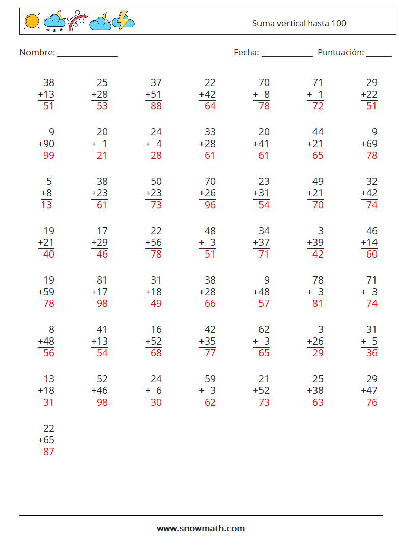 (50) Suma vertical hasta 100 Hojas de trabajo de matemáticas 12 Pregunta, respuesta