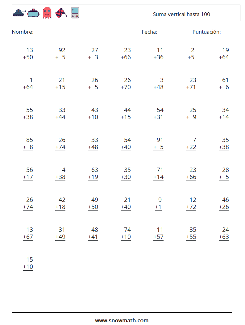 (50) Suma vertical hasta 100 Hojas de trabajo de matemáticas 13