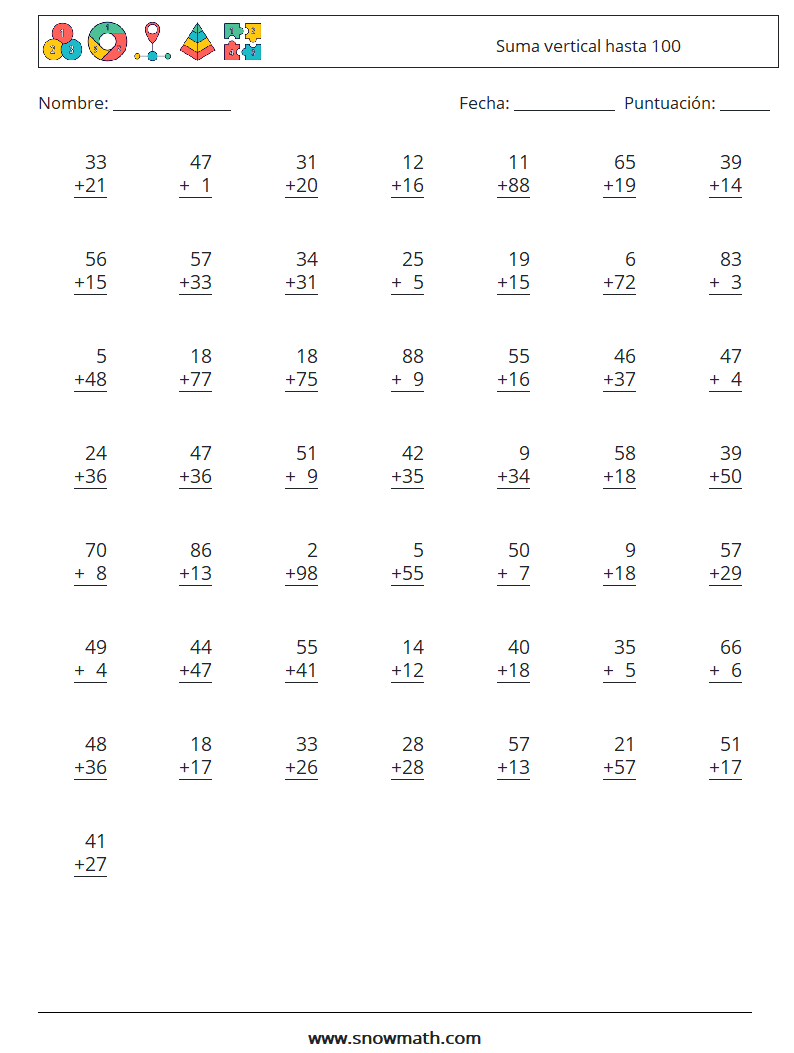 (50) Suma vertical hasta 100 Hojas de trabajo de matemáticas 14