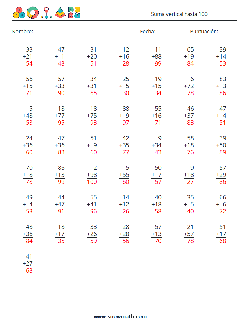 (50) Suma vertical hasta 100 Hojas de trabajo de matemáticas 14 Pregunta, respuesta