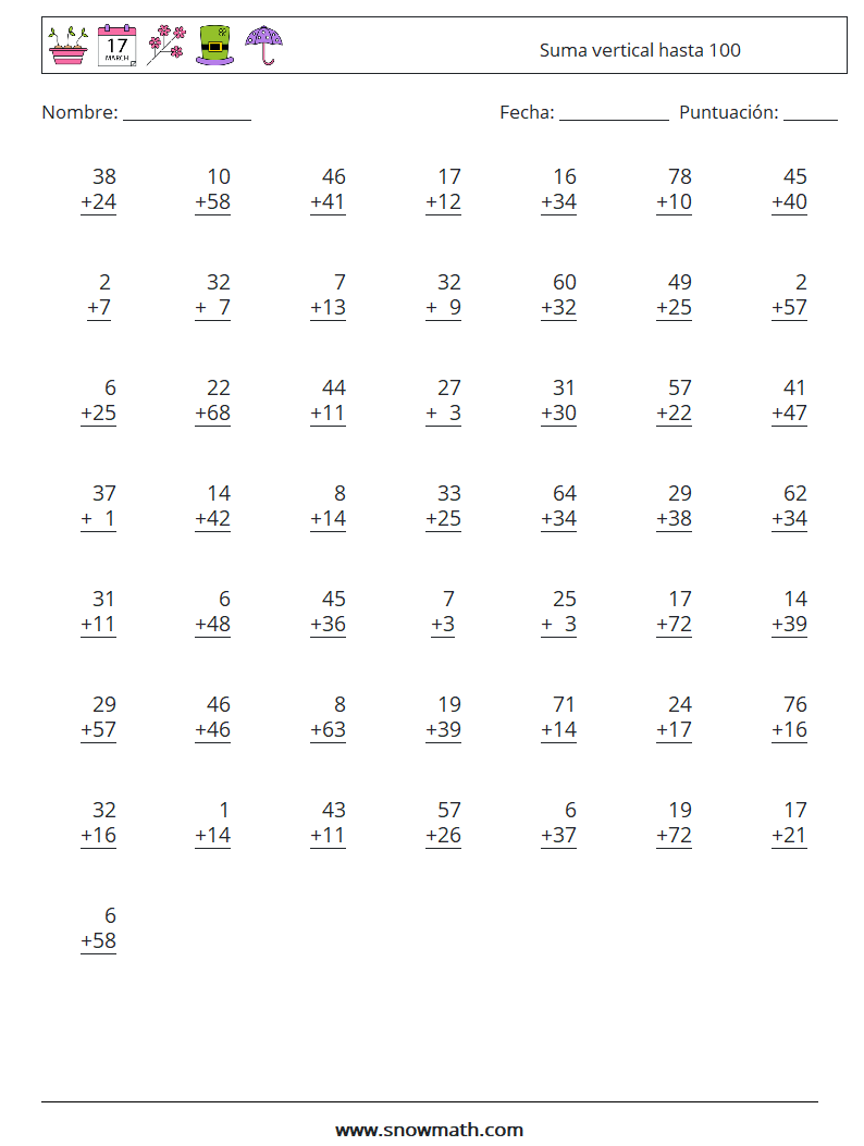 (50) Suma vertical hasta 100 Hojas de trabajo de matemáticas 15