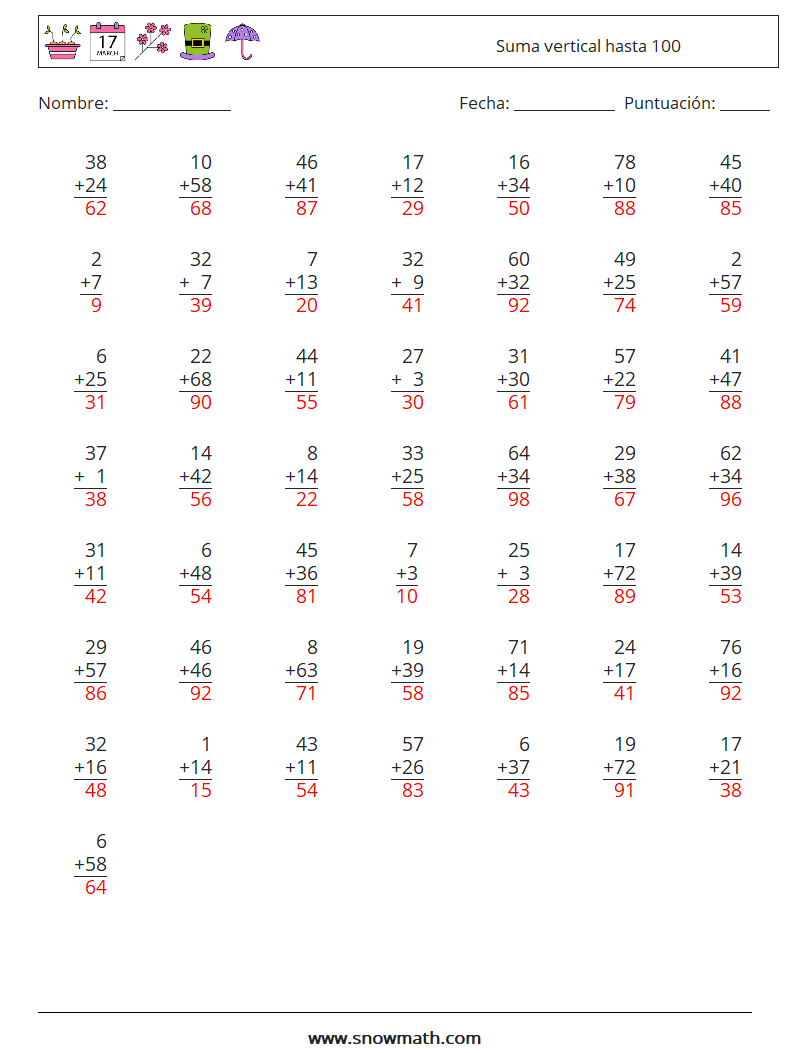 (50) Suma vertical hasta 100 Hojas de trabajo de matemáticas 15 Pregunta, respuesta