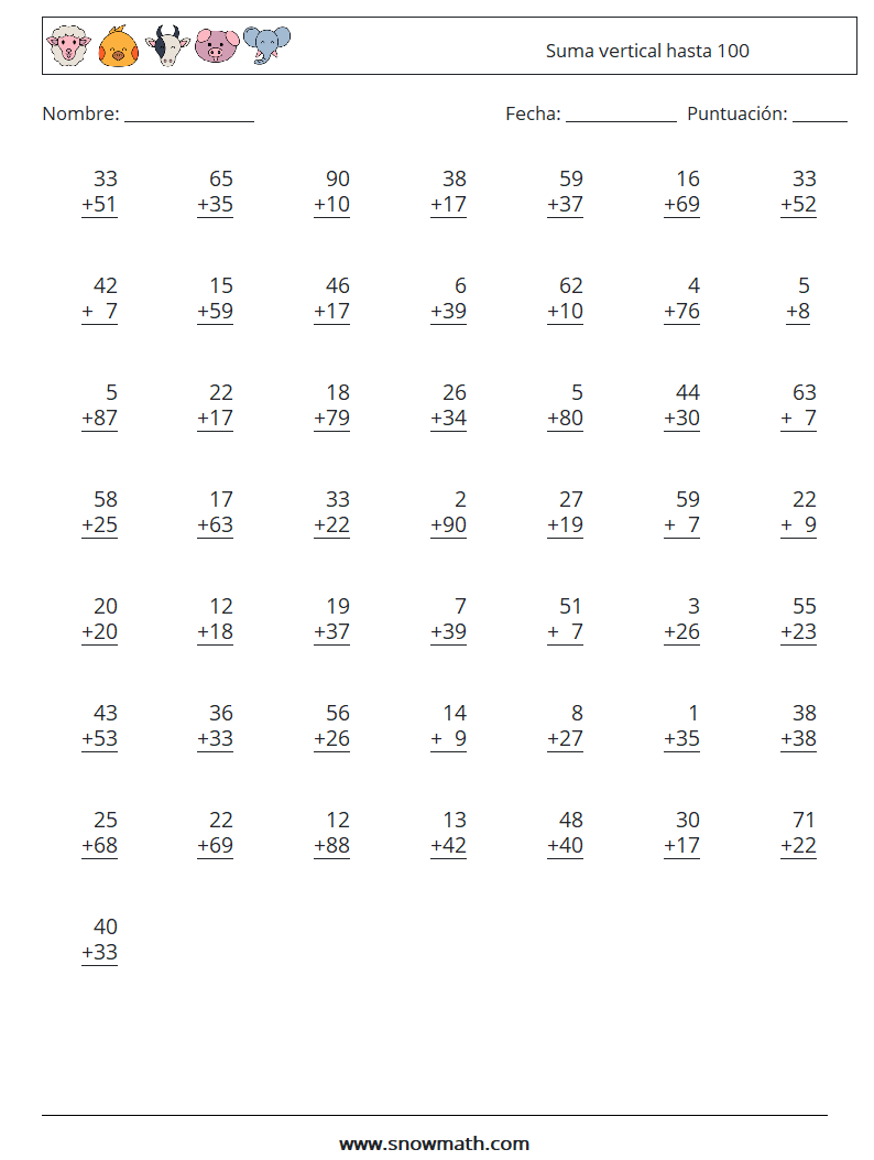 (50) Suma vertical hasta 100 Hojas de trabajo de matemáticas 16