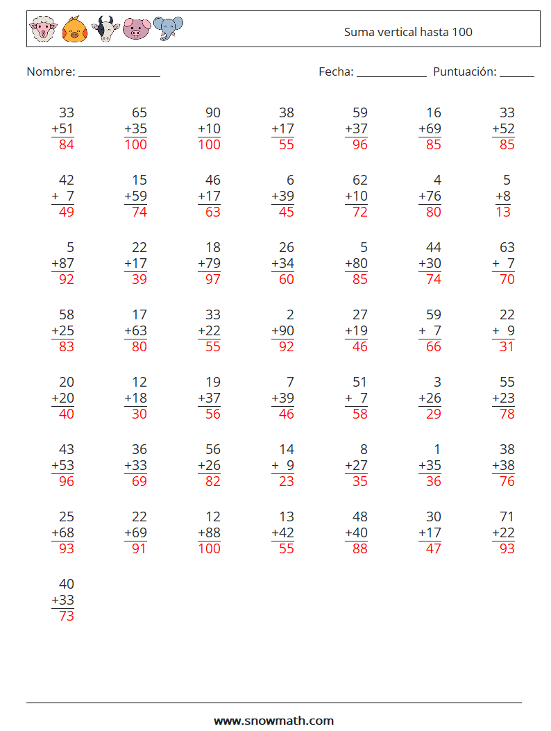 (50) Suma vertical hasta 100 Hojas de trabajo de matemáticas 16 Pregunta, respuesta