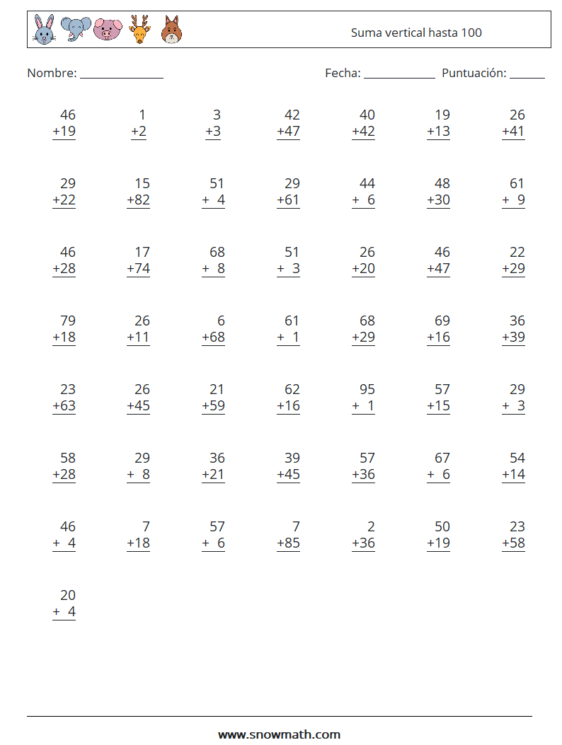 (50) Suma vertical hasta 100 Hojas de trabajo de matemáticas 17