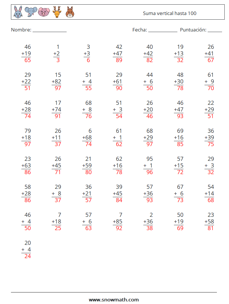 (50) Suma vertical hasta 100 Hojas de trabajo de matemáticas 17 Pregunta, respuesta