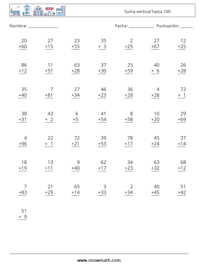 (50) Suma vertical hasta 100 Hojas de trabajo de matemáticas 18
