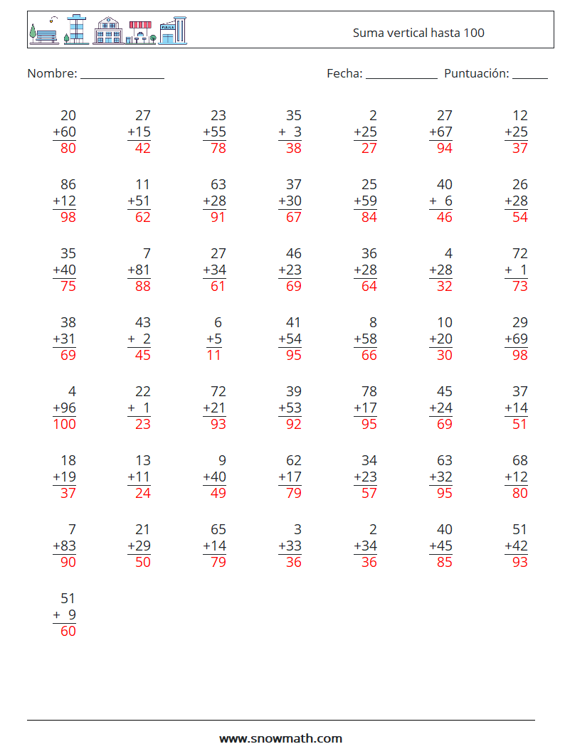 (50) Suma vertical hasta 100 Hojas de trabajo de matemáticas 18 Pregunta, respuesta