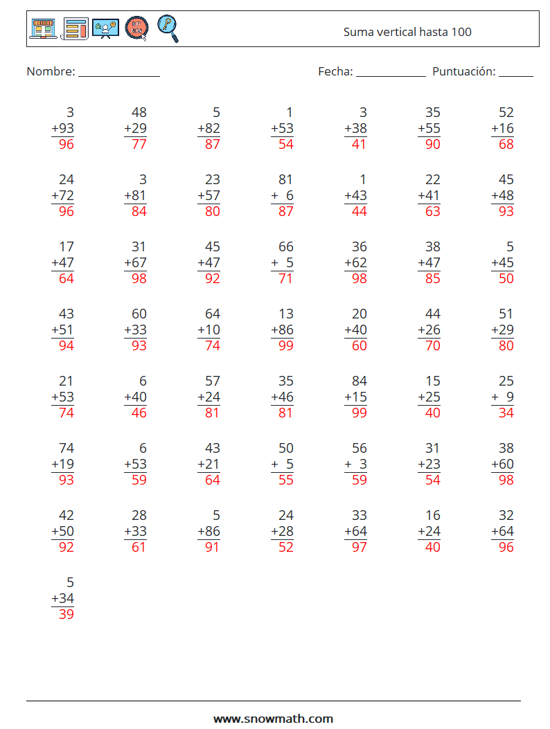 (50) Suma vertical hasta 100 Hojas de trabajo de matemáticas 1 Pregunta, respuesta