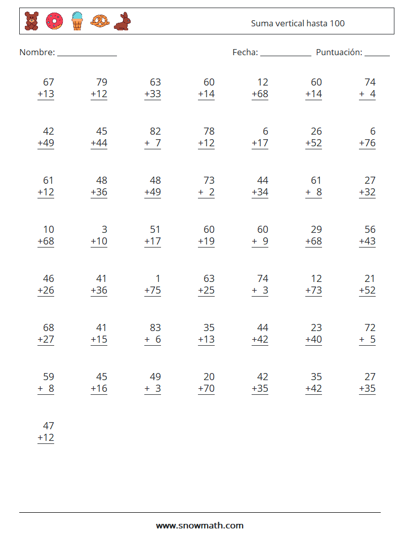 (50) Suma vertical hasta 100 Hojas de trabajo de matemáticas 2