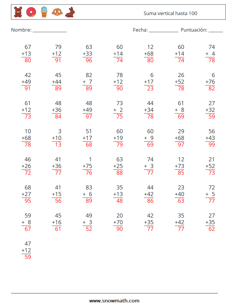 (50) Suma vertical hasta 100 Hojas de trabajo de matemáticas 2 Pregunta, respuesta