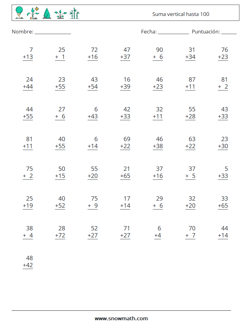 (50) Suma vertical hasta 100 Hojas de trabajo de matemáticas 3