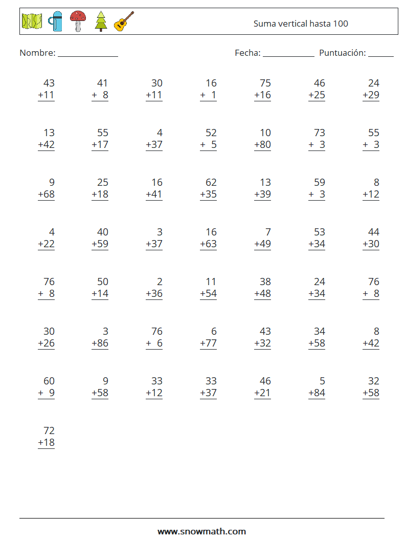 (50) Suma vertical hasta 100 Hojas de trabajo de matemáticas 4