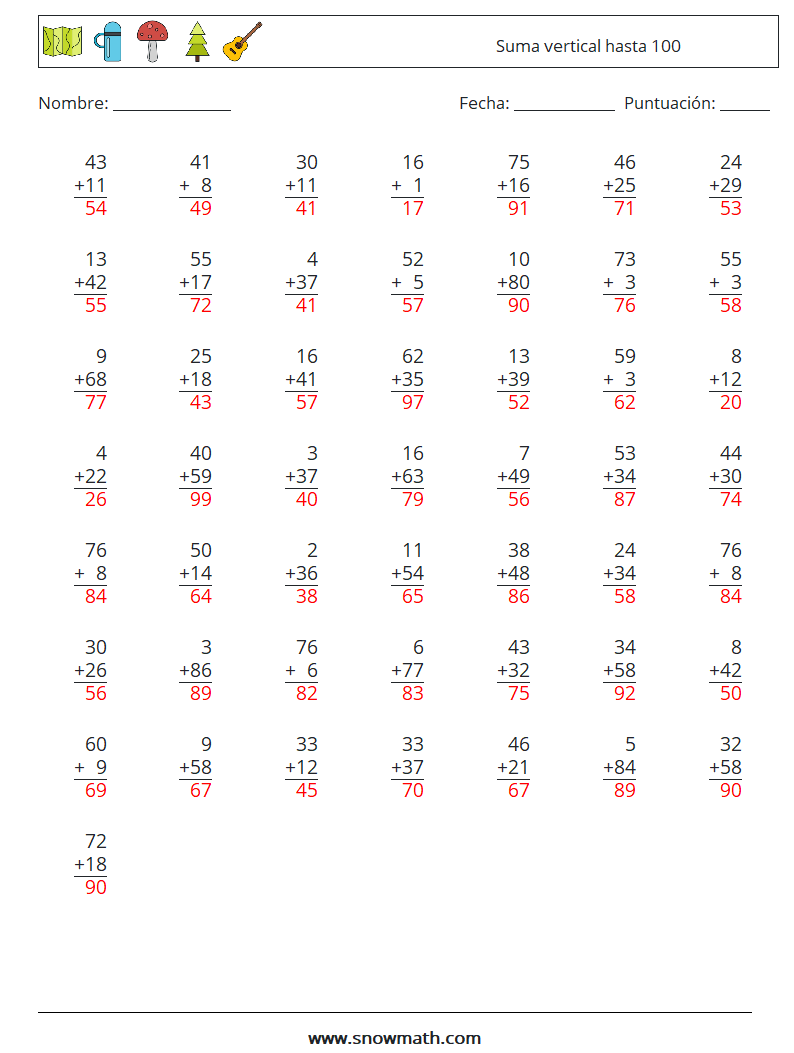 (50) Suma vertical hasta 100 Hojas de trabajo de matemáticas 4 Pregunta, respuesta