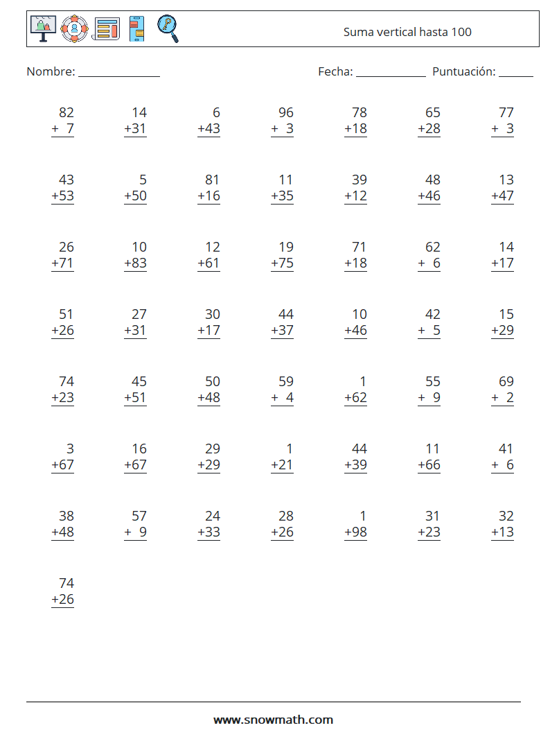 (50) Suma vertical hasta 100 Hojas de trabajo de matemáticas 6