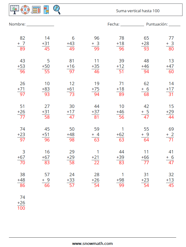 (50) Suma vertical hasta 100 Hojas de trabajo de matemáticas 6 Pregunta, respuesta
