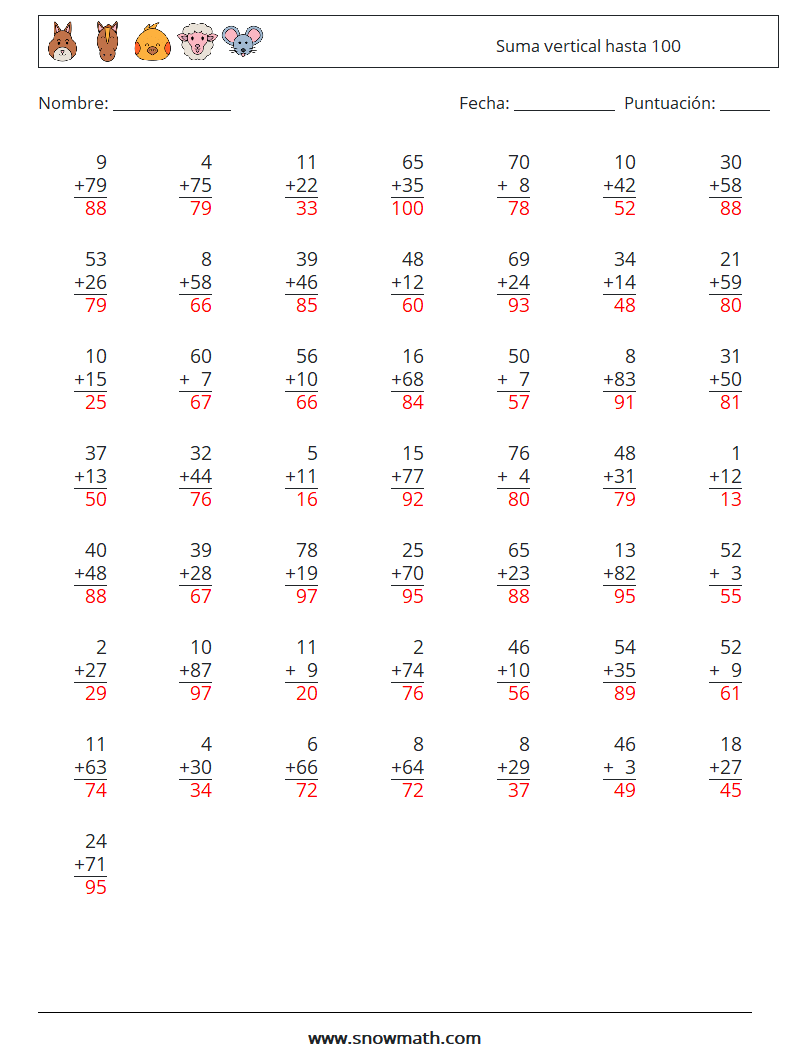 (50) Suma vertical hasta 100 Hojas de trabajo de matemáticas 7 Pregunta, respuesta