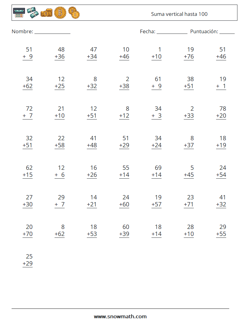 (50) Suma vertical hasta 100 Hojas de trabajo de matemáticas 8