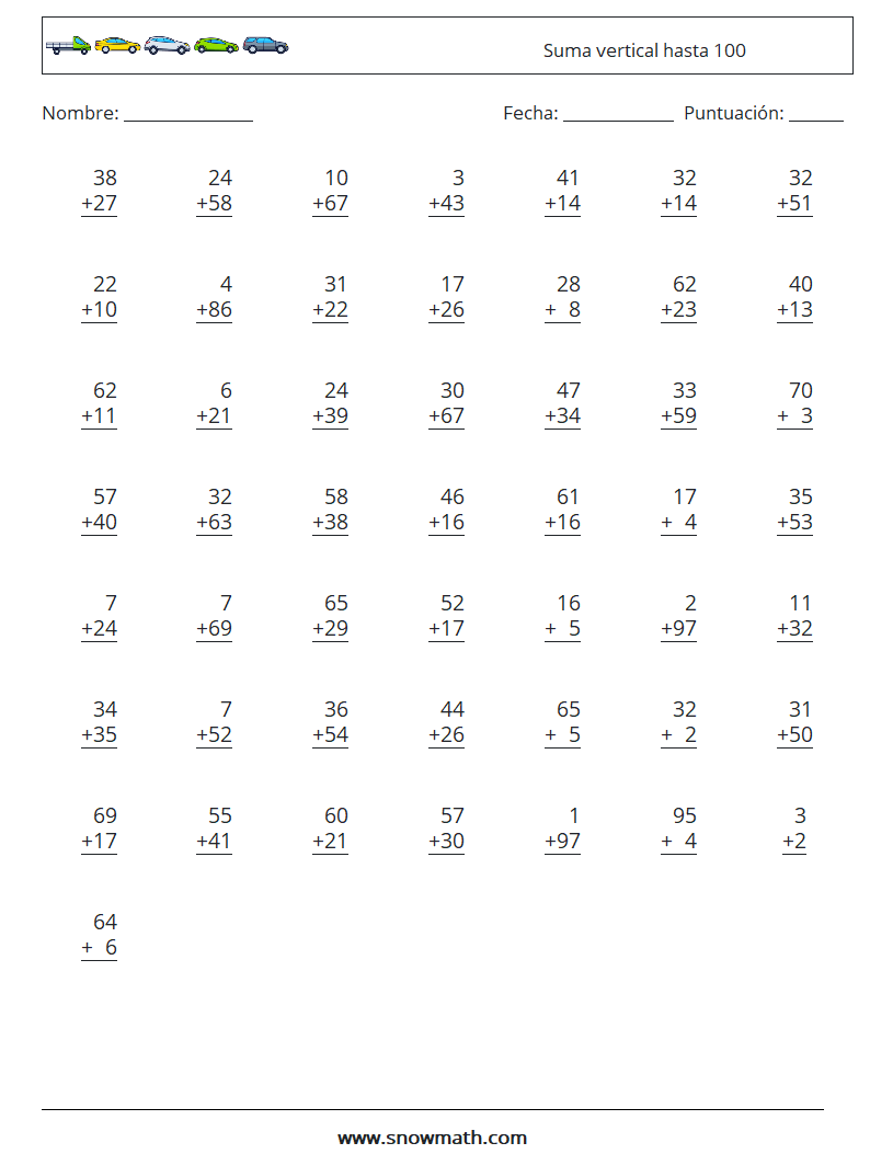 (50) Suma vertical hasta 100 Hojas de trabajo de matemáticas 9