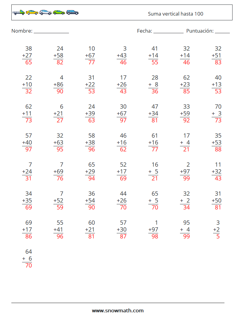 (50) Suma vertical hasta 100 Hojas de trabajo de matemáticas 9 Pregunta, respuesta