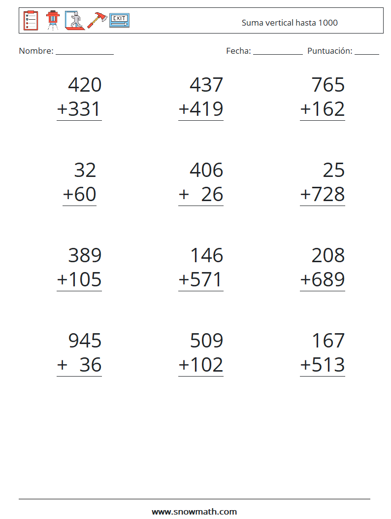 (12) Suma vertical hasta 1000 Hojas de trabajo de matemáticas 10
