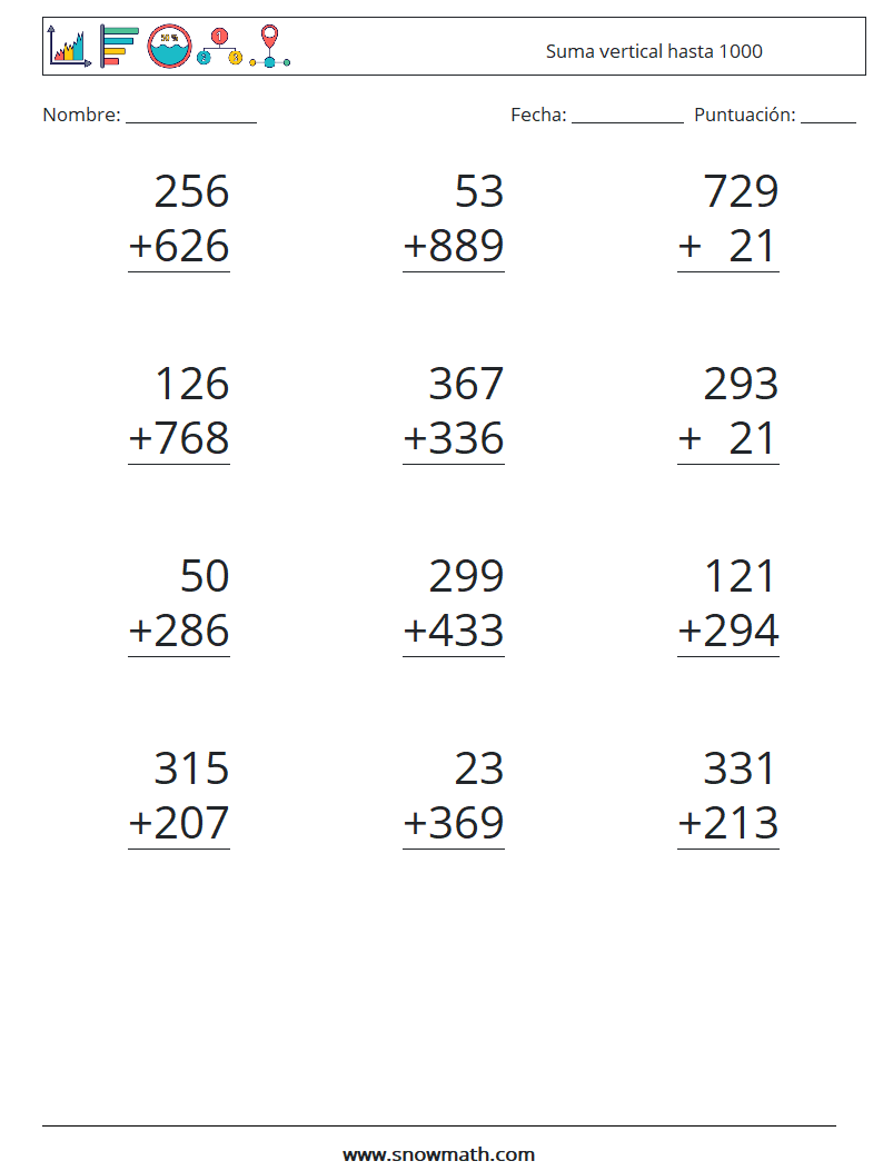 (12) Suma vertical hasta 1000 Hojas de trabajo de matemáticas 11