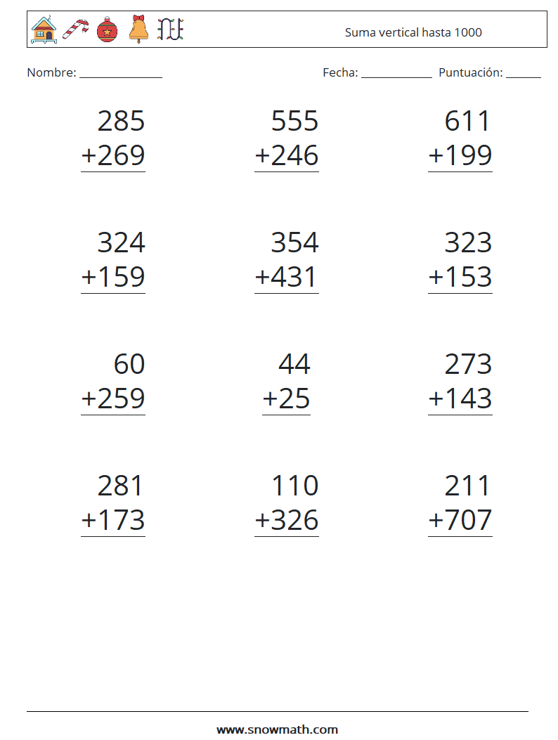 (12) Suma vertical hasta 1000 Hojas de trabajo de matemáticas 12