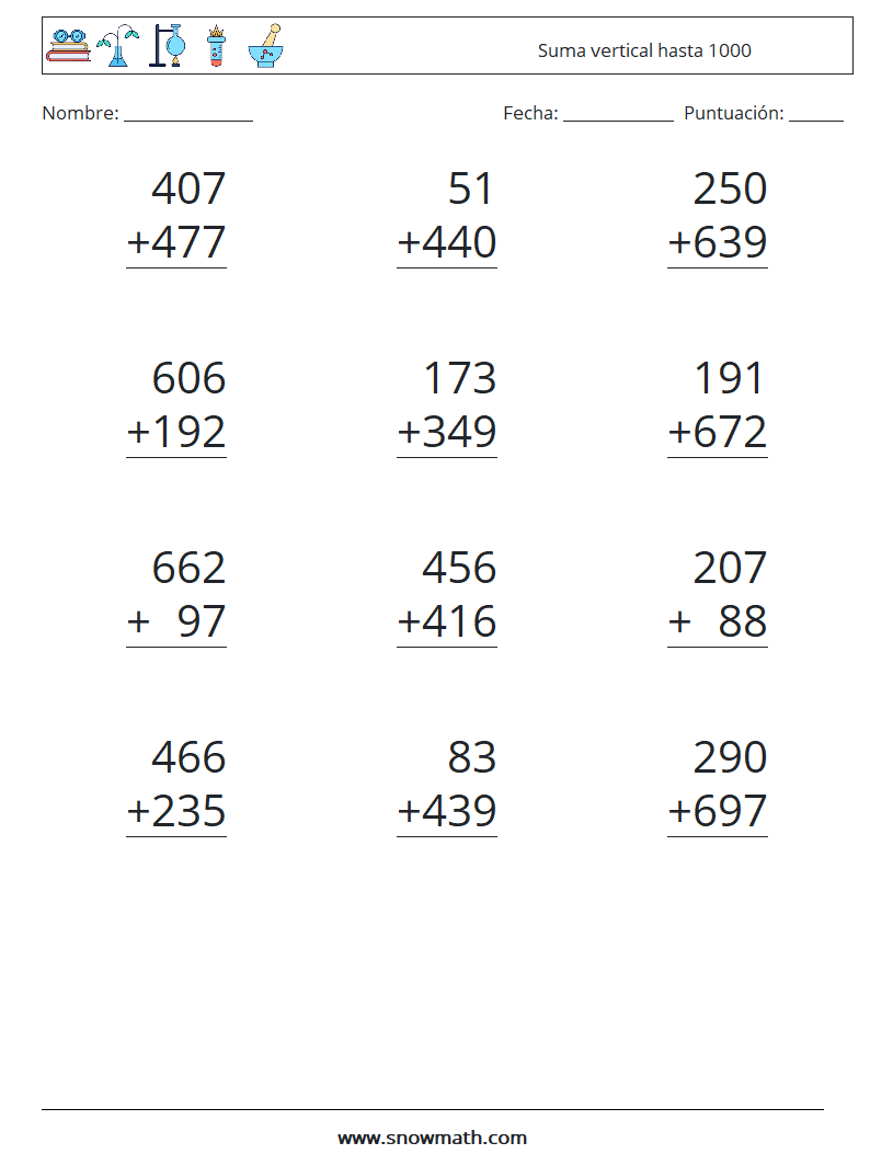 (12) Suma vertical hasta 1000 Hojas de trabajo de matemáticas 13