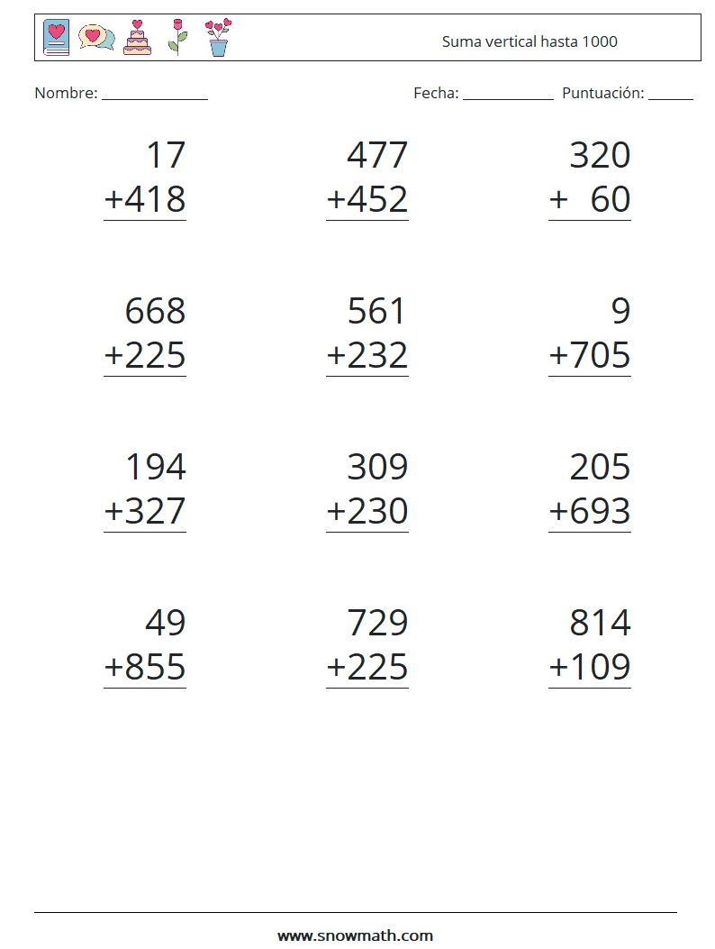 (12) Suma vertical hasta 1000 Hojas de trabajo de matemáticas 14