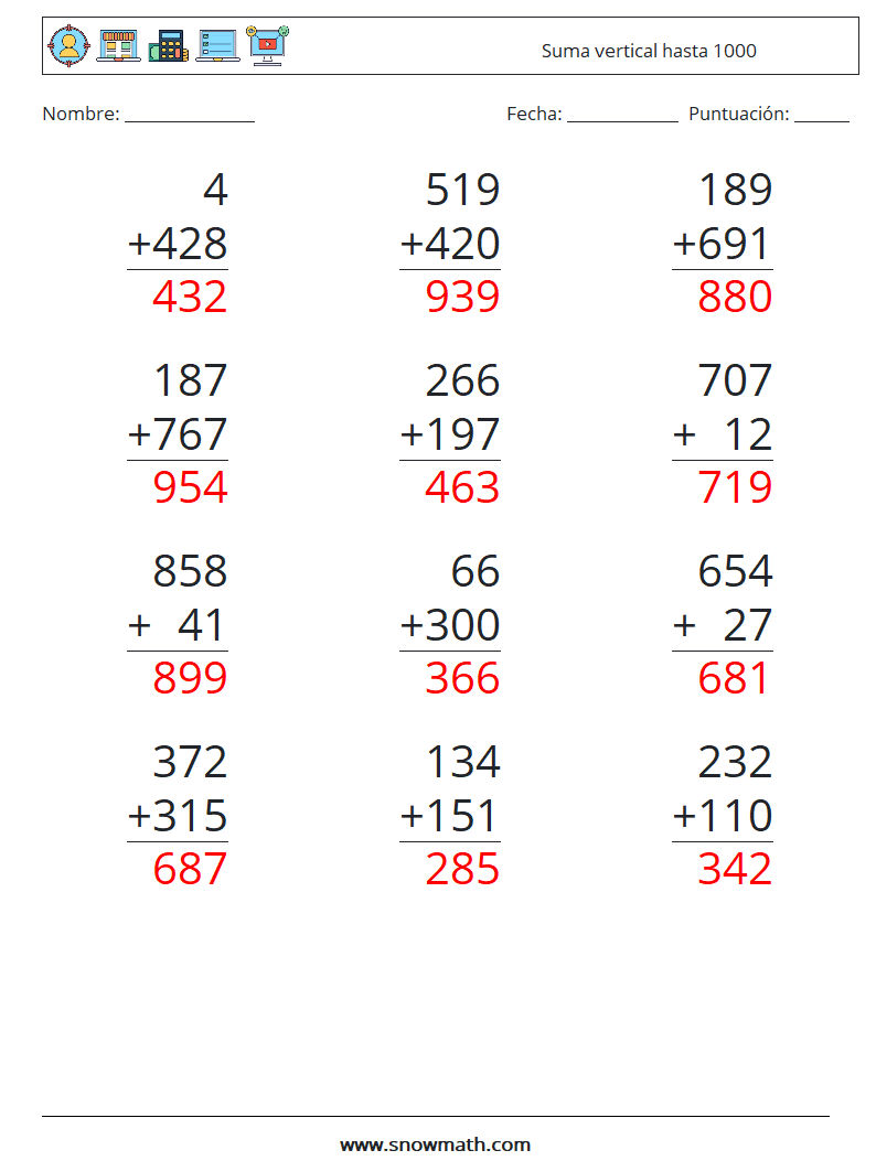 (12) Suma vertical hasta 1000 Hojas de trabajo de matemáticas 15 Pregunta, respuesta