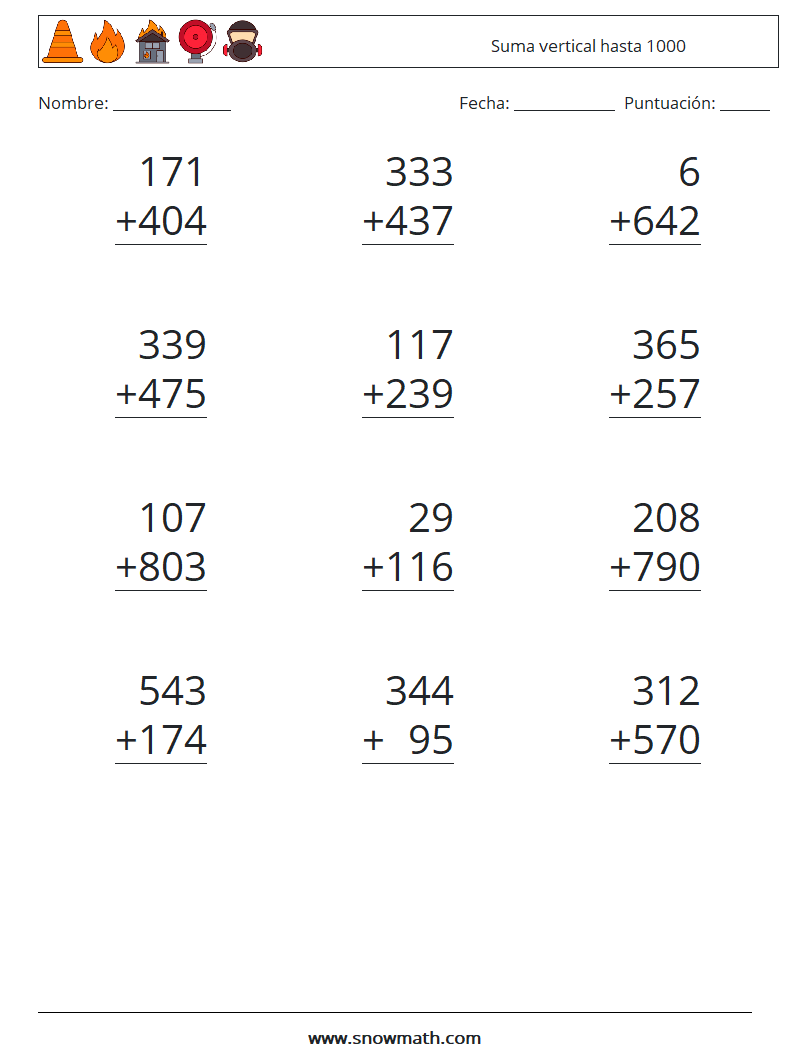 (12) Suma vertical hasta 1000 Hojas de trabajo de matemáticas 16