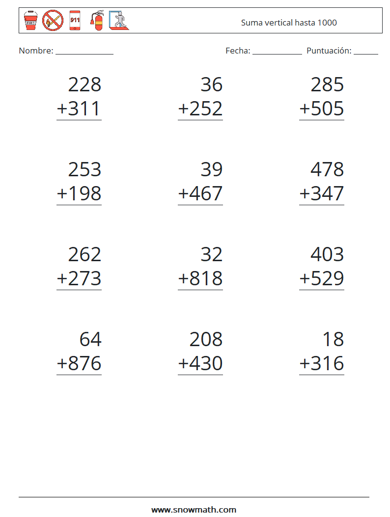 (12) Suma vertical hasta 1000 Hojas de trabajo de matemáticas 17