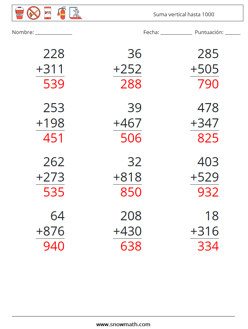 (12) Suma vertical hasta 1000 Hojas de trabajo de matemáticas 17 Pregunta, respuesta