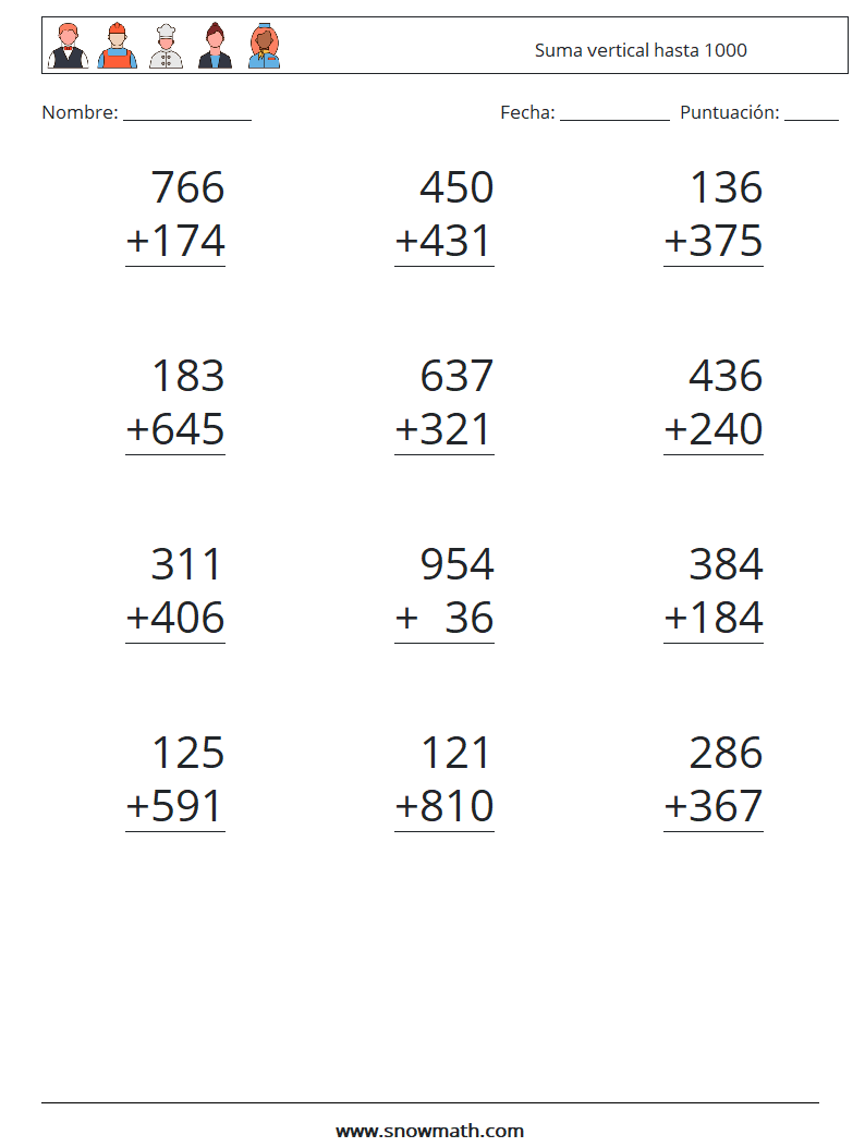 (12) Suma vertical hasta 1000 Hojas de trabajo de matemáticas 18