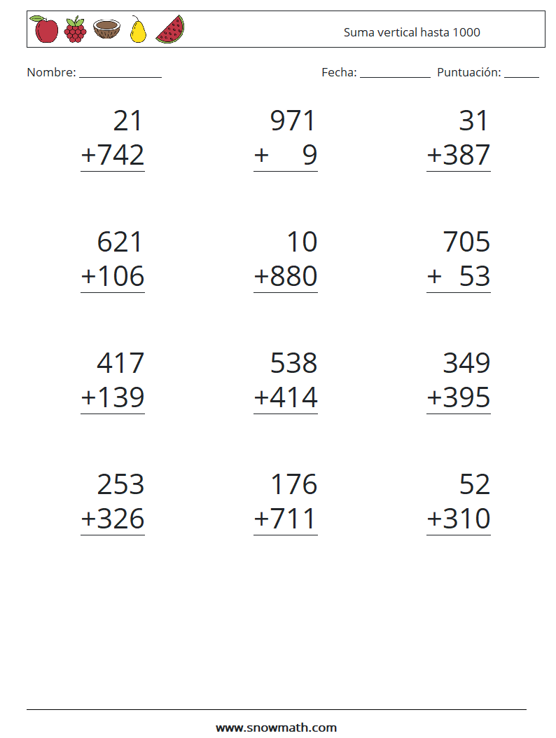 (12) Suma vertical hasta 1000 Hojas de trabajo de matemáticas 2