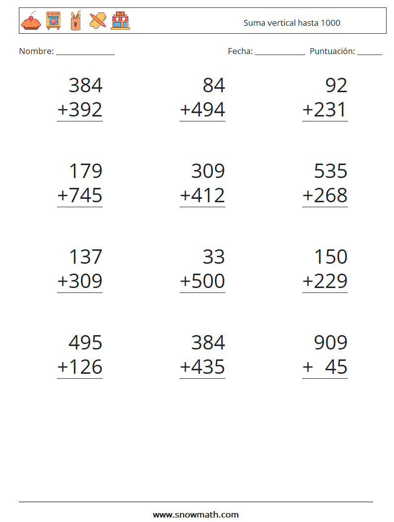 (12) Suma vertical hasta 1000 Hojas de trabajo de matemáticas 3