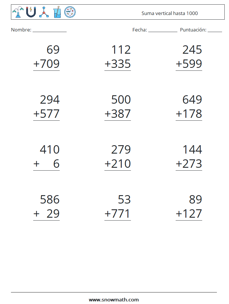 (12) Suma vertical hasta 1000 Hojas de trabajo de matemáticas 4