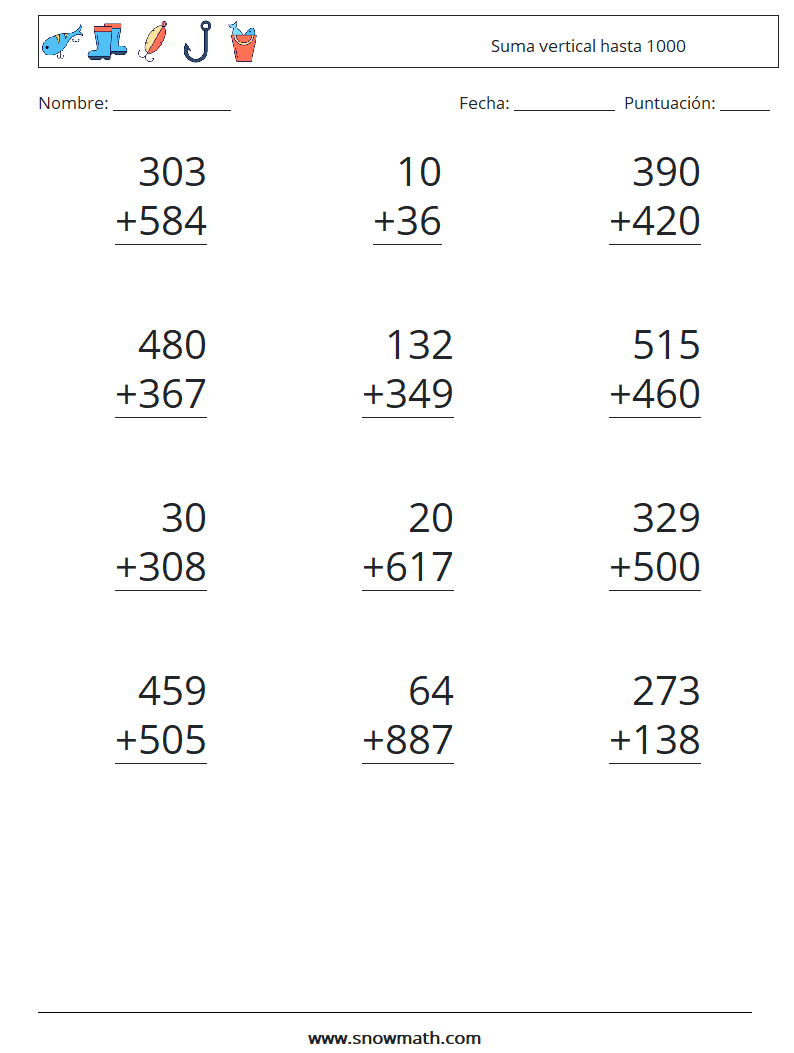 (12) Suma vertical hasta 1000 Hojas de trabajo de matemáticas 5