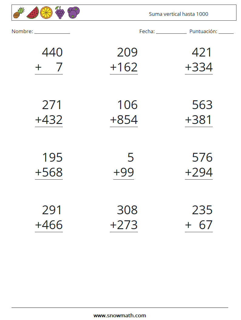 (12) Suma vertical hasta 1000 Hojas de trabajo de matemáticas 6