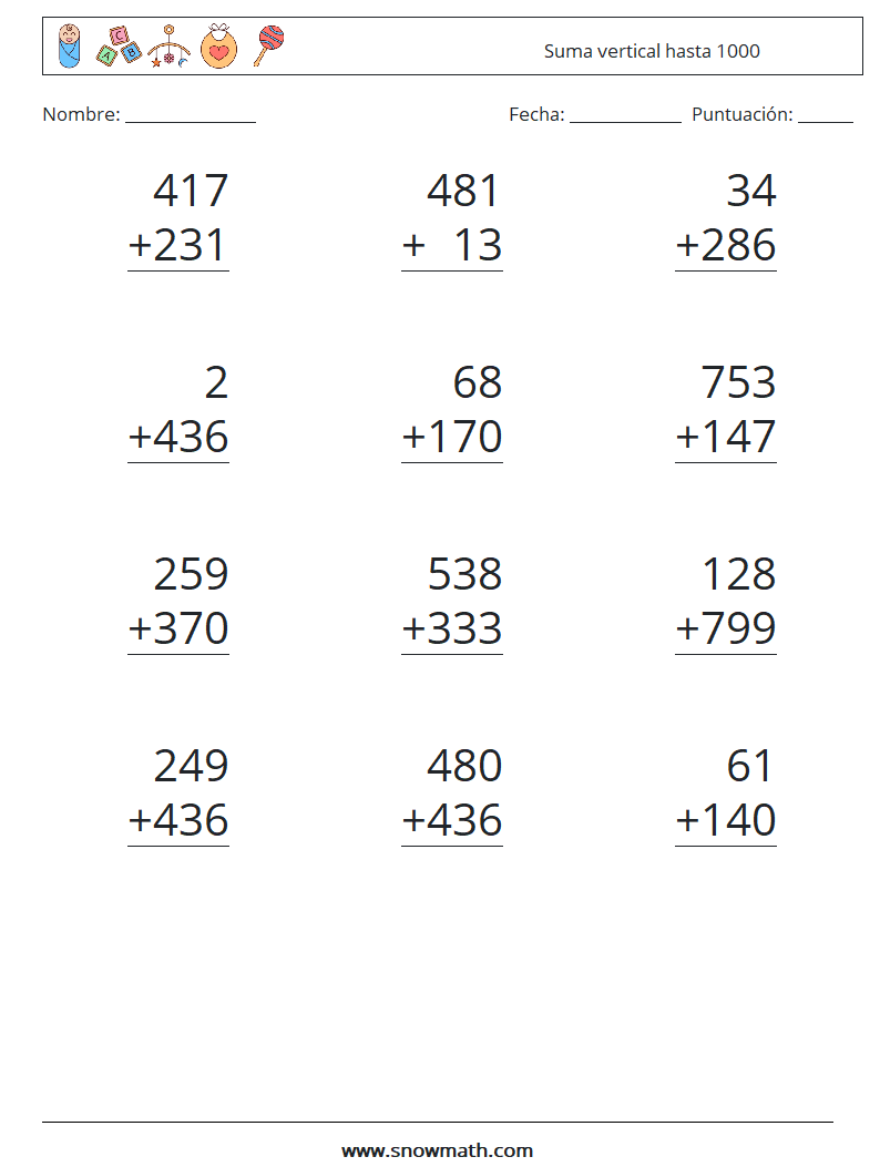 (12) Suma vertical hasta 1000 Hojas de trabajo de matemáticas 7