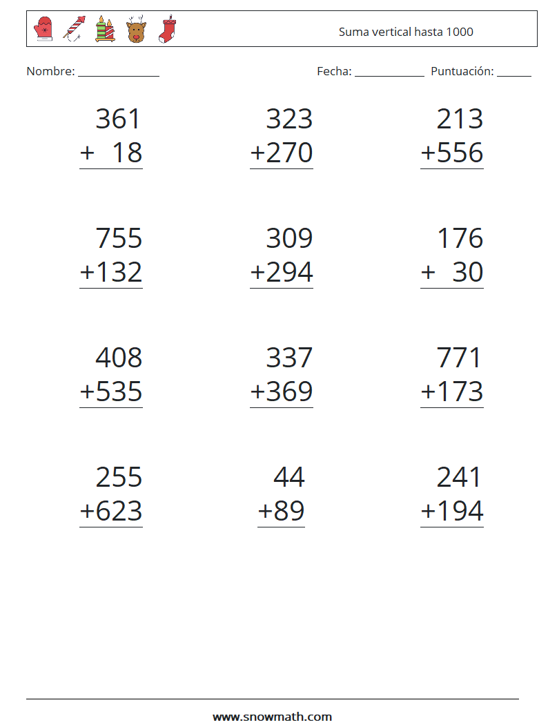 (12) Suma vertical hasta 1000 Hojas de trabajo de matemáticas 8