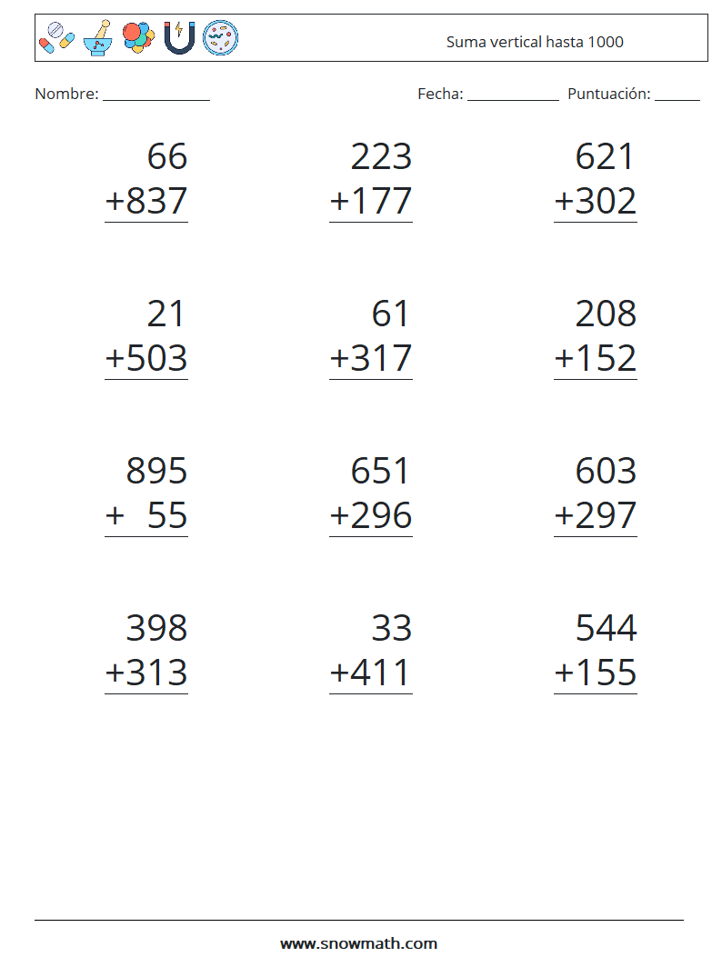 (12) Suma vertical hasta 1000 Hojas de trabajo de matemáticas 9