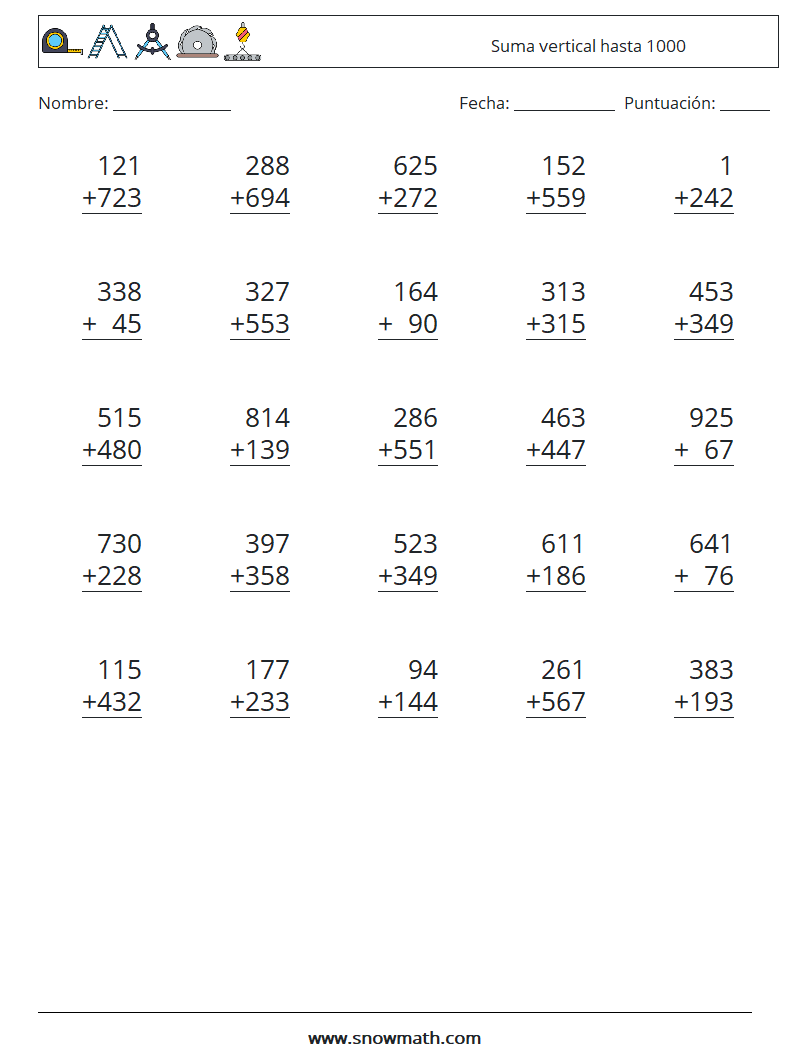 (25) Suma vertical hasta 1000 Hojas de trabajo de matemáticas 10